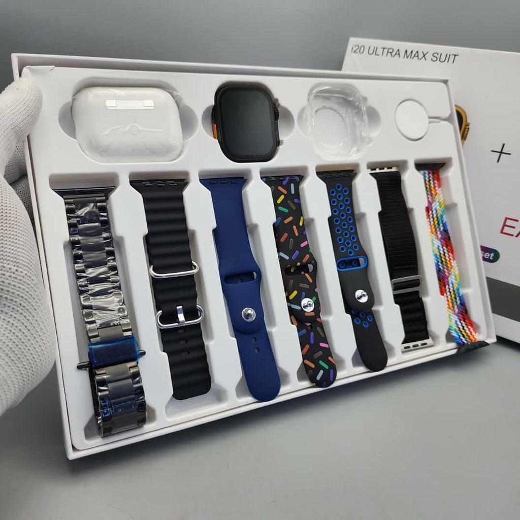 i20 Ultra 3 MAX Suit(10 in 1 Set) SmartWatch + Air pods Pro with Transparent Screen Guard Amoled 2.3inch Display