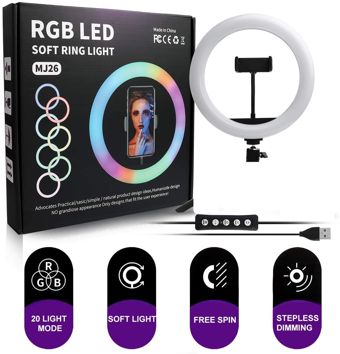 26CM Selfie RGB Ring Light - 20 colors