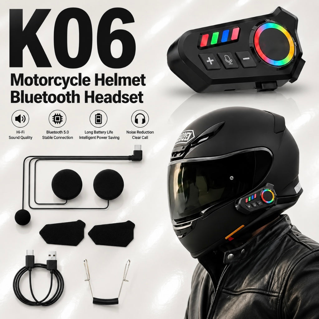 K06A Motorcycle Helmet Bluetooth Headset – Wireless Intercom with Noise Reduction & RGB Control