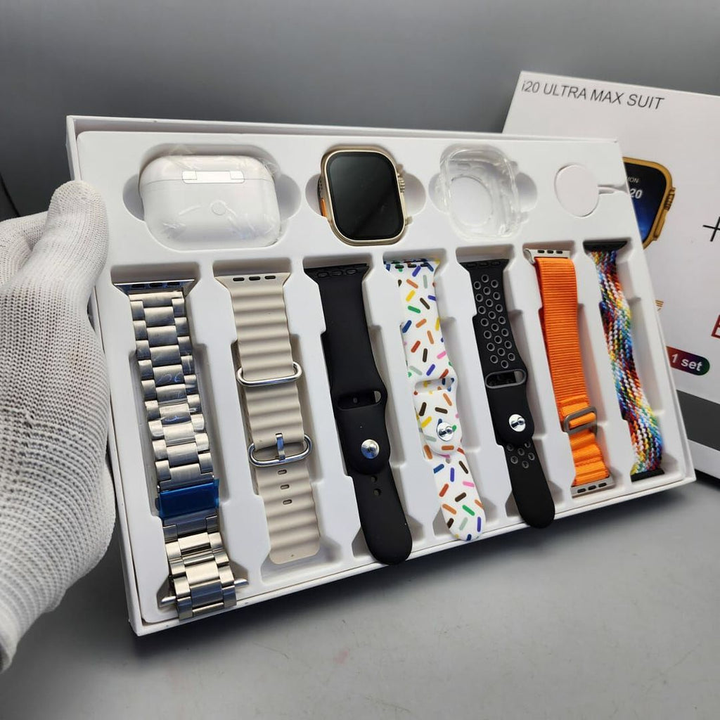 i20 Ultra 3 MAX Suit(10 in 1 Set) SmartWatch + Air pods Pro with Transparent Screen Guard Amoled 2.3inch Display