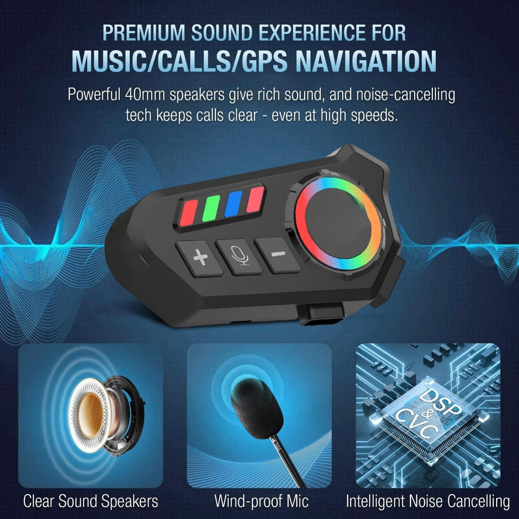 K06A Motorcycle Helmet Bluetooth Headset – Wireless Intercom with Noise Reduction & RGB Control