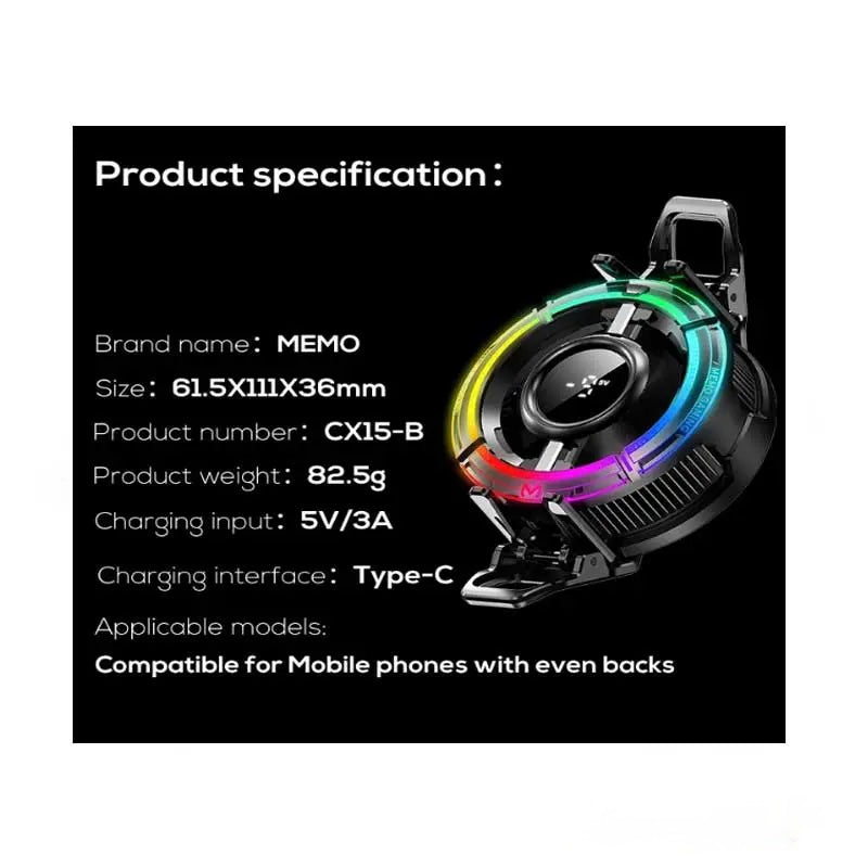 MEMO CX15 Magnetic Mobile Cooler - RGB Semiconductor Magnetic Fan for iPhone & Android - Ultra-Portable Gaming Radiator for PUBG, Free Fire & Streaming - Instant Freeze Cooling