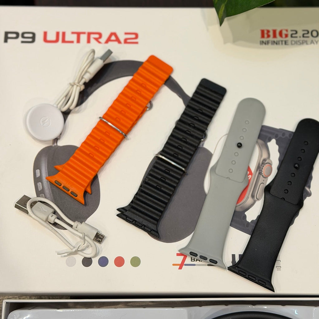 P9 Ultra 2 Smart Watch Combo with Wireless Bluetooth Headphones & 4 straps
