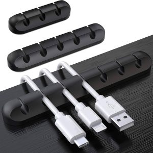 7 point silicone cable organizer holding charging cables on a desk
