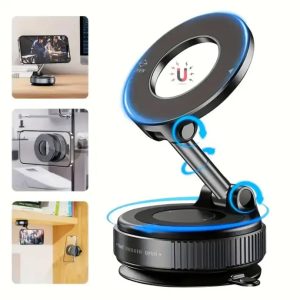 K007 magnetic car phone holder with vacuum suction base and foldable arm