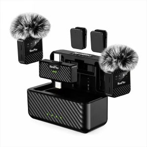 Neepho NP-65 wireless microphone set with charging case and two clip-on mics